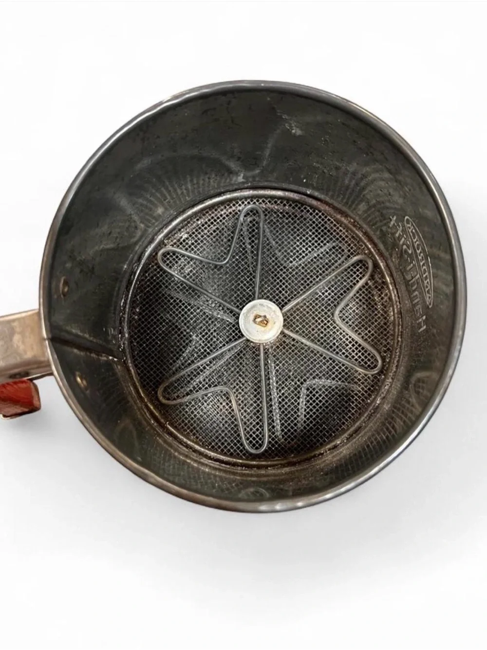 Vintage Floral Sifter with Cream Body and Red Handle